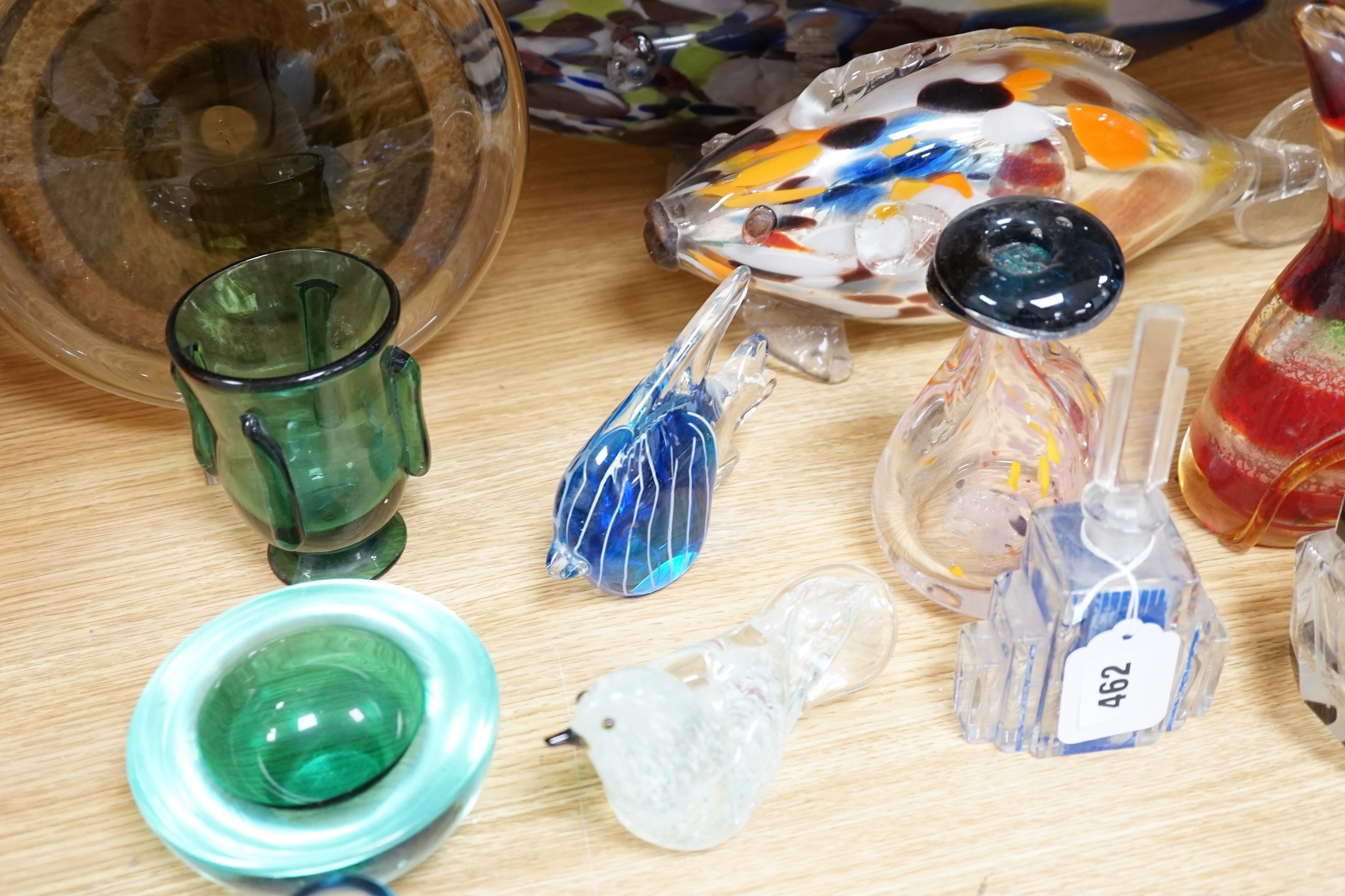 A collection of clear and coloured art glassware, including an Art Deco scent bottle and stopper and a pot and cover, largest 54cm in length. Condition - mostly fair